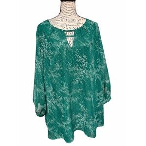 Paper Moon Women's Plus 3X Green Dotted Long Sheer Sleeve Blouse Officecore